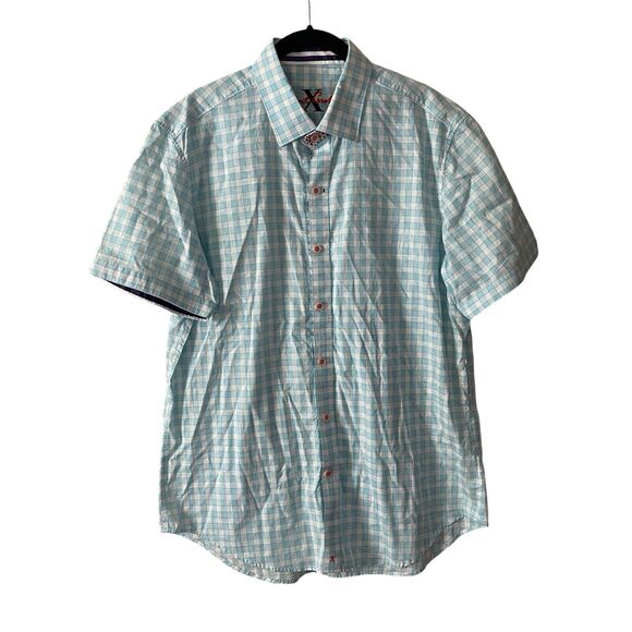 Robert Graham Mens Large Casual Dress Shirt Tailored Fit White Blue Plaid Check - Picture 1 of 13